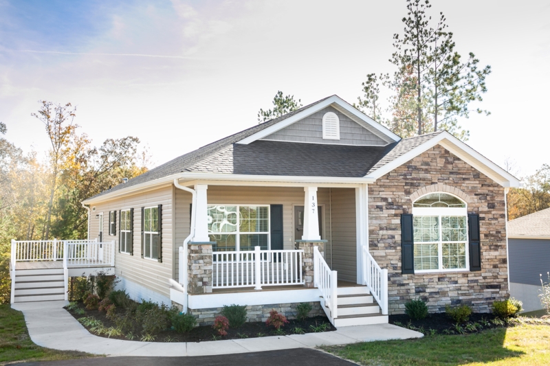 House Stone Veneer Accents Mixed Material Facade White Railings Porch