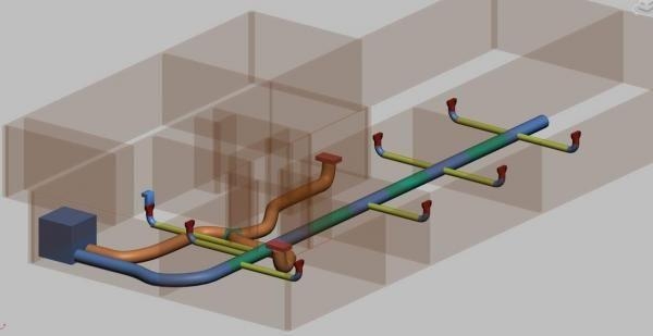 HVAC Ductwork System 3D Visualization showing Branching Layout