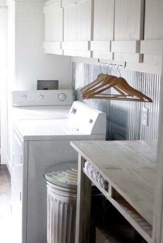Industrial Laundry Room Organization with Corrugated Metal Wall