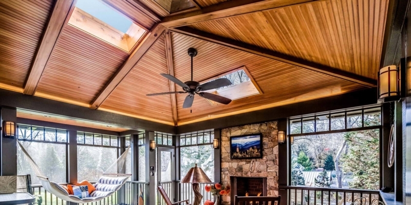 Integrated Skylights: Vaulted Wood Ceiling Enclosed Porch