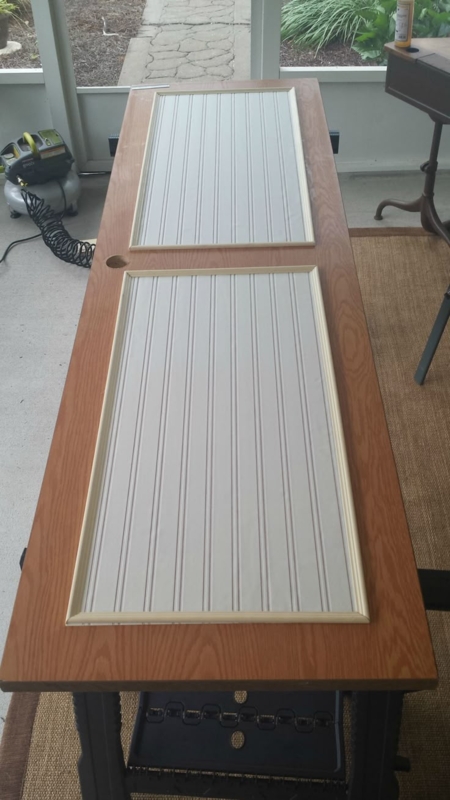 Interior Door Oak Beadboard Inserts Mitered Trim DIY Farmhouse Makeover