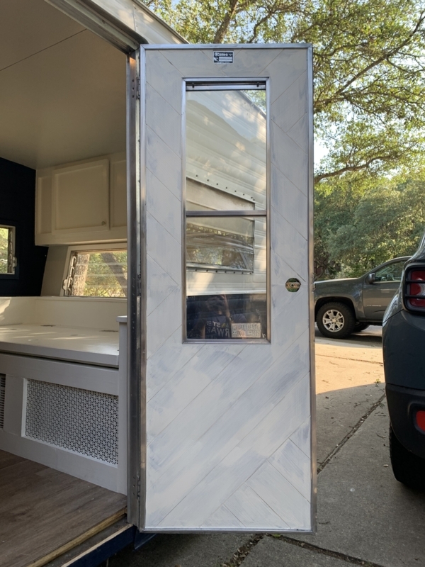 Interior Door Whitewashed Herringbone Pattern Metal Framed Camper
