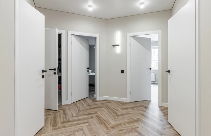 Interior Doors Flush Black Lever Handles Herringbone Floor Modern