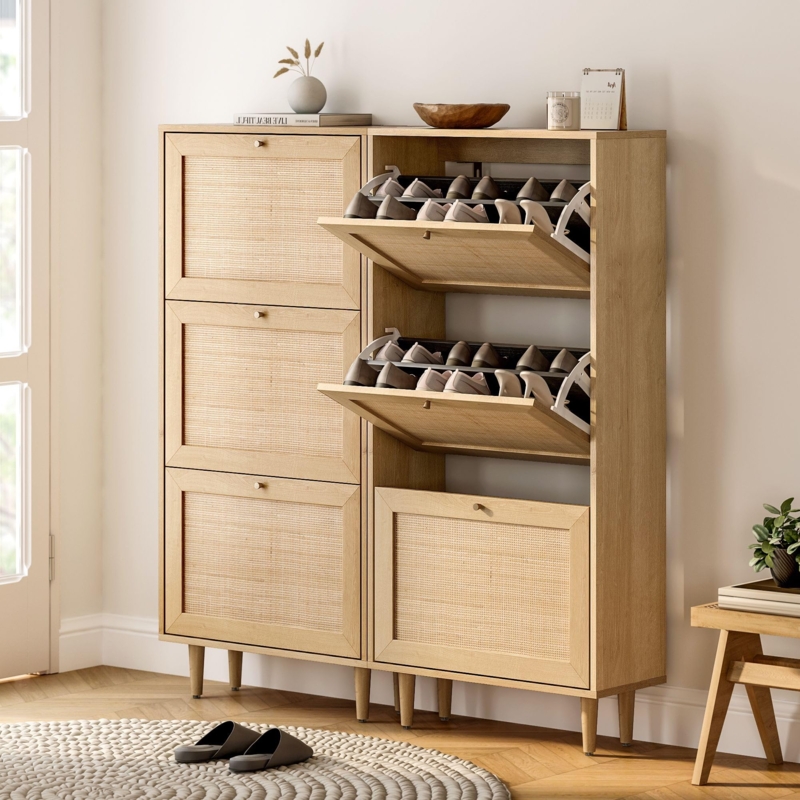 Japandi Style Shoe Cabinet with Light Wood and Woven Rattan Fronts