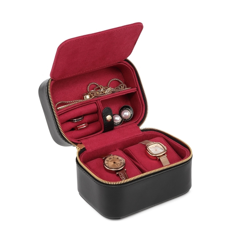 Jewelry and Watch Organizer Travel Box with Red Velvet Lining and Zipper