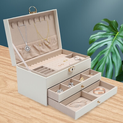 Jewelry Box 3-Tier Design with Necklace Hooks and Lockable Cream Finish