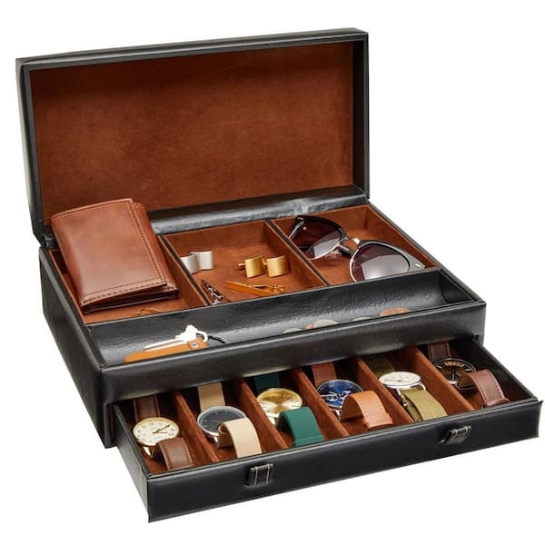 Jewelry Box Black Leather-Like Valet Top Tray and Watch Drawer
