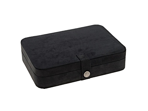 Jewelry Box: Black Plush Fabric, Strap Closure, Silver Accent, Minimalist