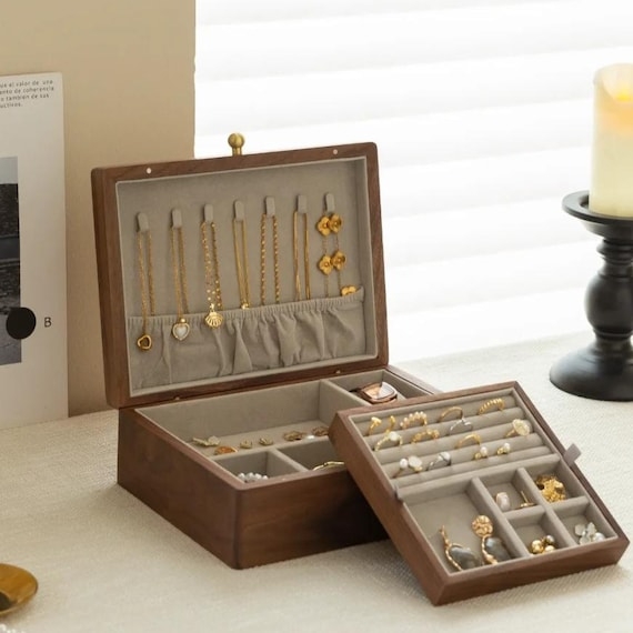 Jewelry Box Brass Top Knob Walnut Wood Double Layer Elegant Organizer