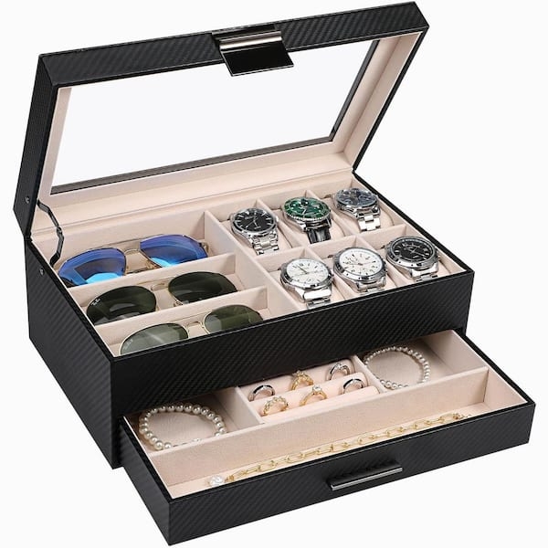 Jewelry Box Carbon Fiber Texture Sunglasses Compartment Glass Lid