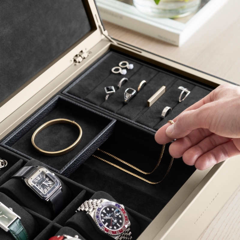 Jewelry Box Champagne Aluminum Frame & Black Suede Interior