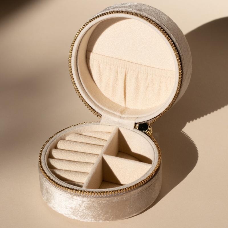 Jewelry Box Champagne Round Velvet Compact Travel Case with Ring Rolls