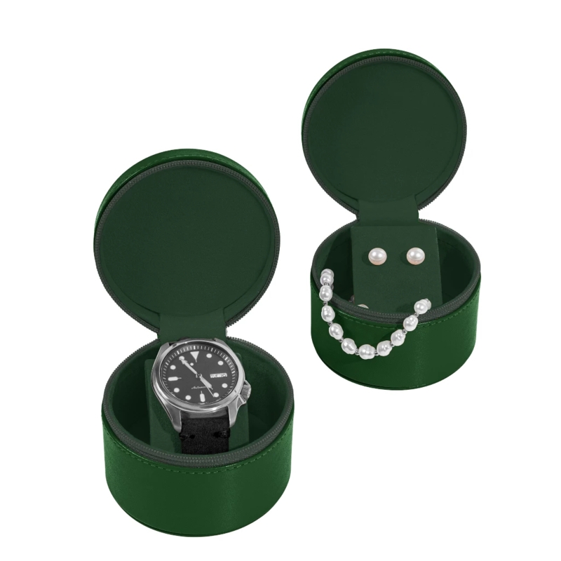Jewelry Box Circular Forest Green Leather-Like with Zippered Closure