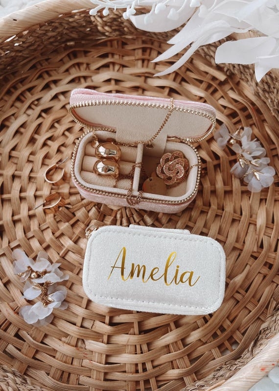 Jewelry Box: Compact Velvet Travel Case, Custom Gold Name Script, Blush