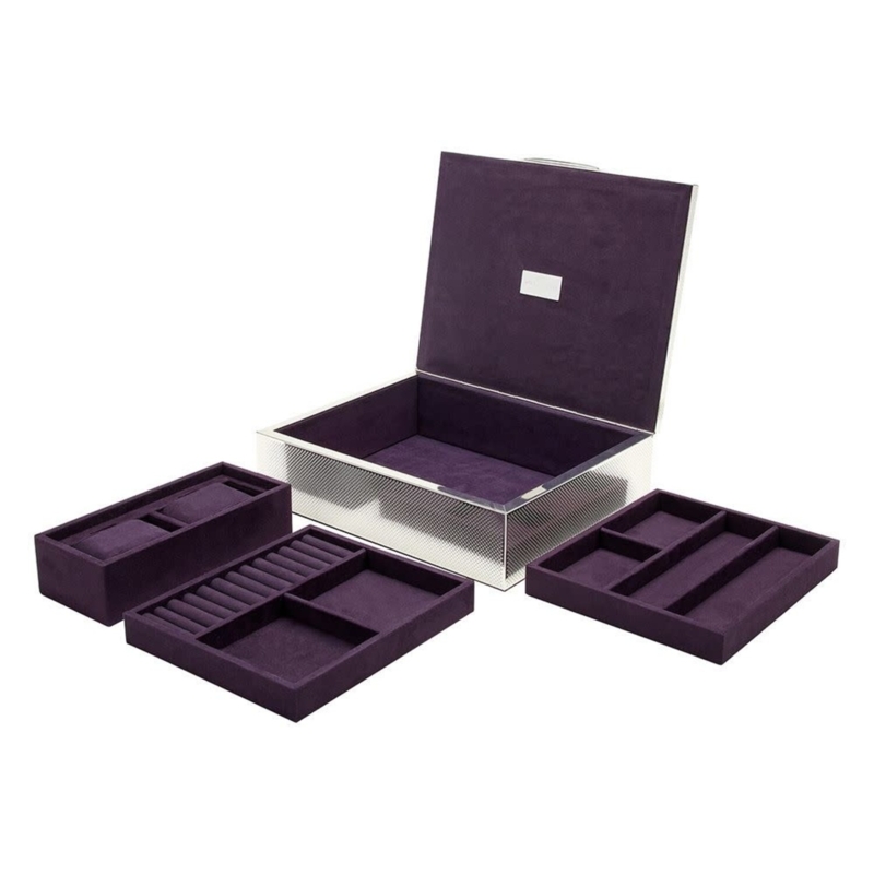 Jewelry Box Diamond Textured Silver with Three Removable Modular Trays