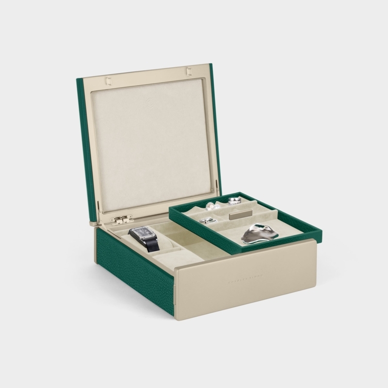 Jewelry Box, Emerald Pebbled Leather-Like with Champagne Trim
