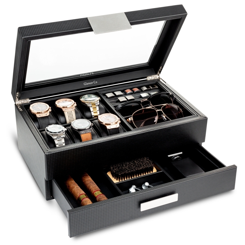 Jewelry Box Extra Large Carbon Fiber Look Glass Lid Drawer Masculine