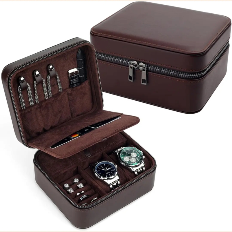 Jewelry Box for Travel, Dark Brown Leather-Like with Zipper Closure