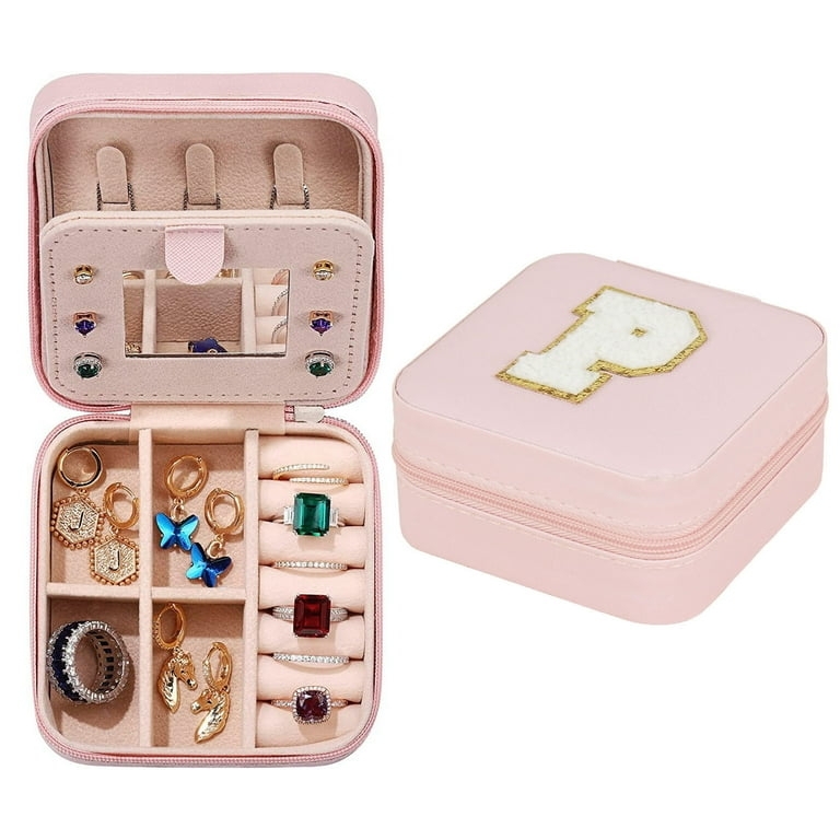 Jewelry Box Fuzzy Monogram Patch Blush Pink Compact Travel Case Zipper
