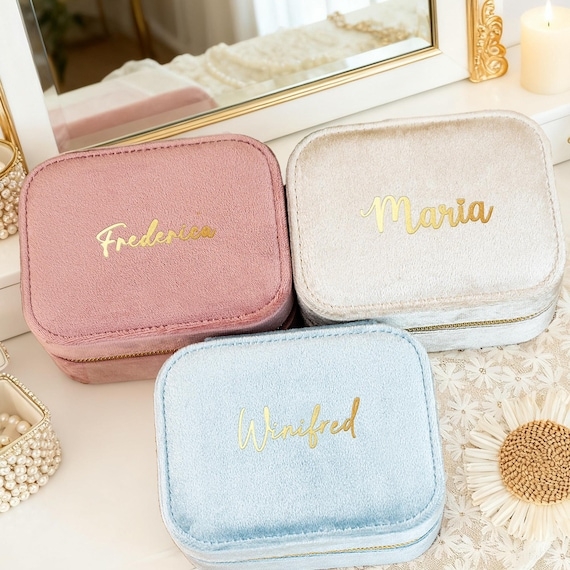 Jewelry Box Gold Cursive Lettering Velvet Zippered Travel Design