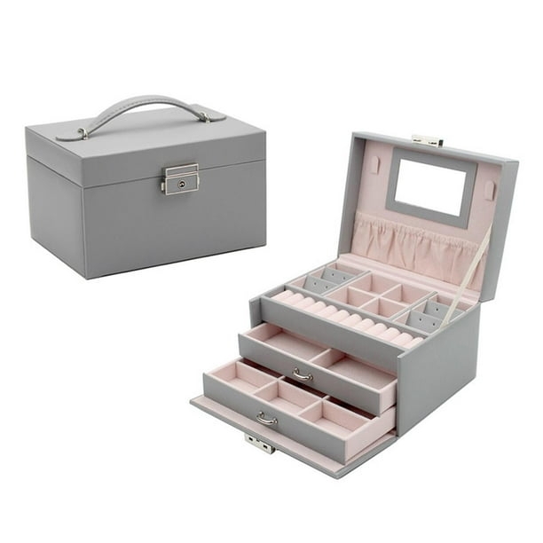 Jewelry Box Gray and Pink Palette Lockable Latch Integrated Mirror