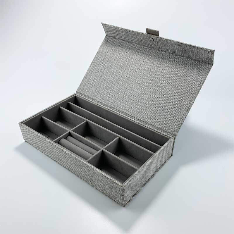 Jewelry Box: Grey Linen Texture, Multiple Compartments, Ring Rolls, Modern