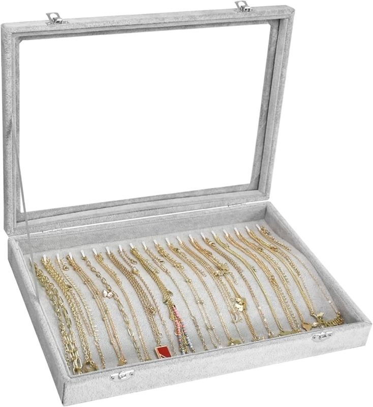 Jewelry Box Grey Velvet Texture Transparent Lid Necklace Organizer