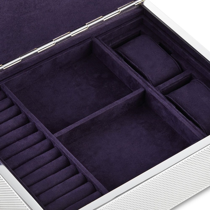 Jewelry Box Interior View showing Purple Lining with Watch Cushions