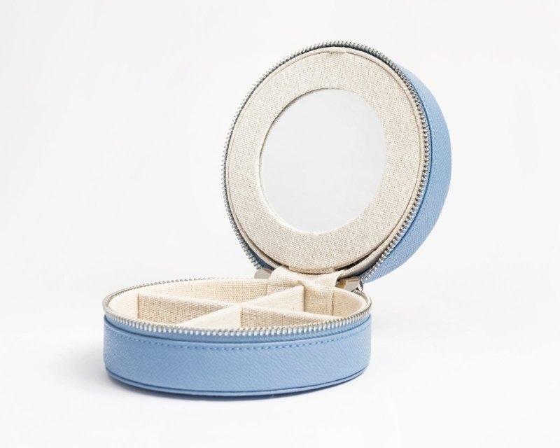 Jewelry Box Light Blue Round Saffiano Texture with Internal Mirror