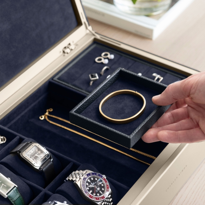 Jewelry Box, Marine Blue Suede & Champagne Aluminum, Removable Tray
