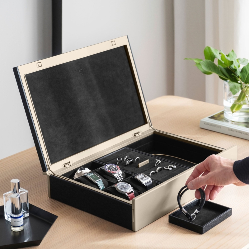 Jewelry Box Minimalist Champagne Trim Watch Pillows Modular Compartments
