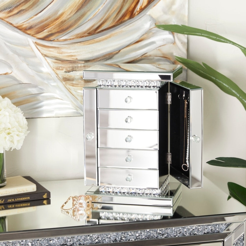 Jewelry Box Mirrored Glam Storage, Crystal Encrusted Trim, Five Drawers