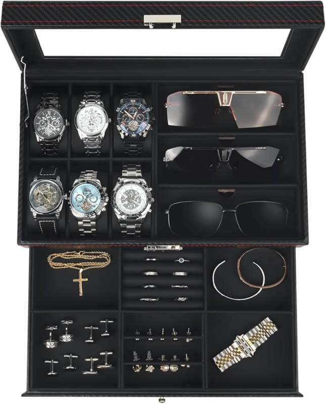 Jewelry Box: Modern Carbon Fiber Texture, Two Layer Design, Red Stitching