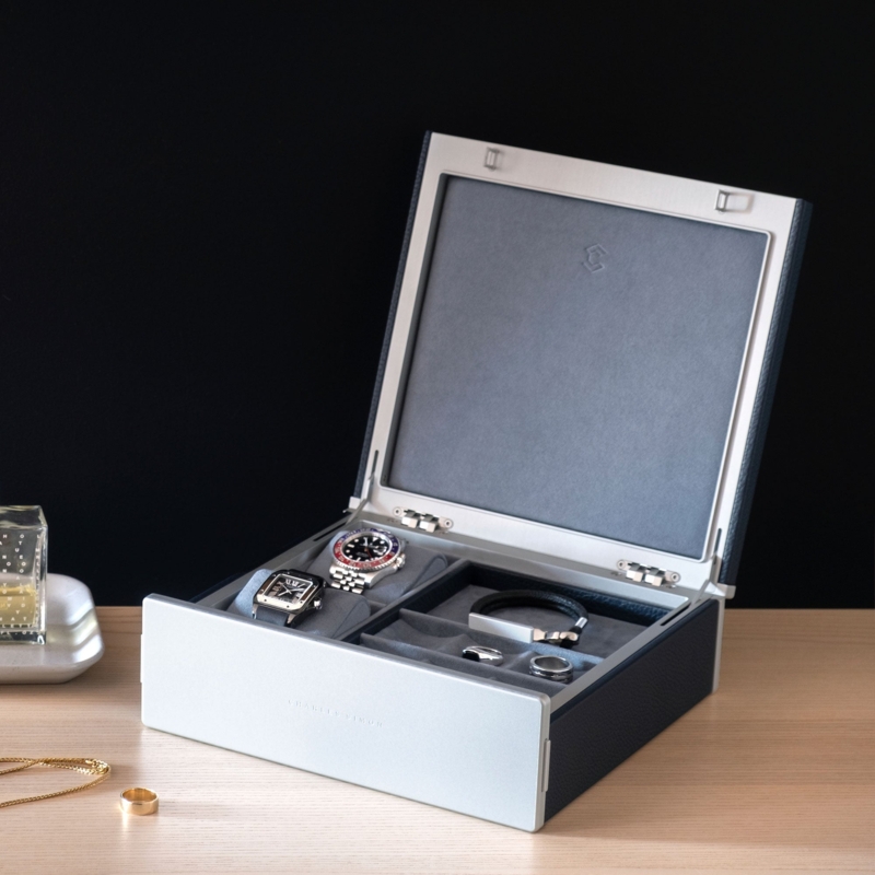 Jewelry Box Modern Navy and Silver with Watch Pillows Luxury Storage