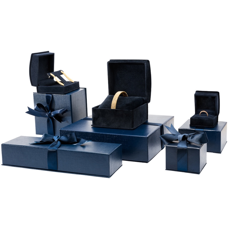 Jewelry Box: Navy Blue Suede Like Interior, Ribboned Packer, Textured Paper