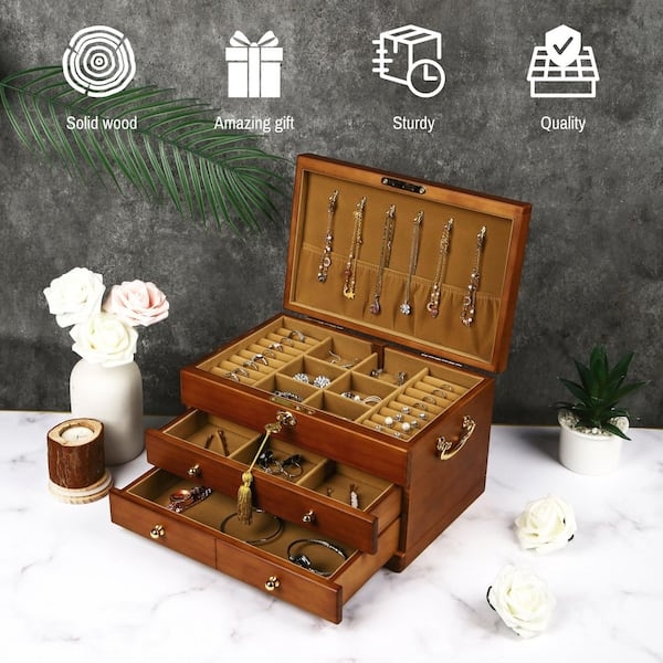 Jewelry Box Ornate Gold Hardware Warm Brown Wood Three Tier Chest