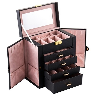 Jewelry Box Pink Lining Contrast Side Doors Black Tiered Organizer