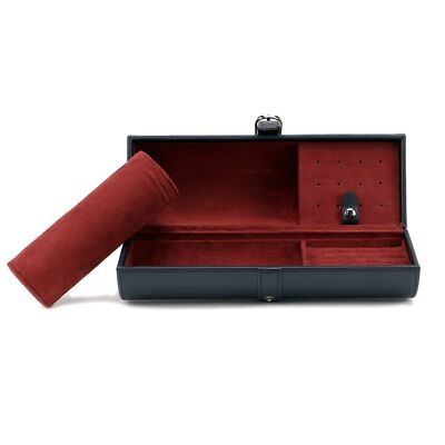 Jewelry Box Rectangular Black Leather-Like with Removable Watch Roll
