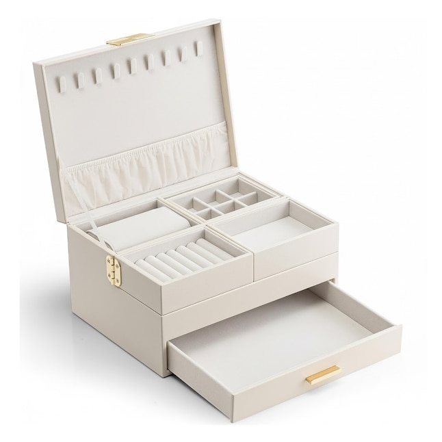 Jewelry Box Retractable Drawer White Faux Leather Three Layer Storage