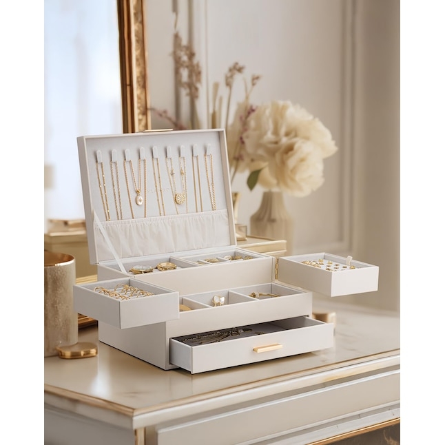 Jewelry Box Retractable Side Trays White Multi-Tier Glam Organizer
