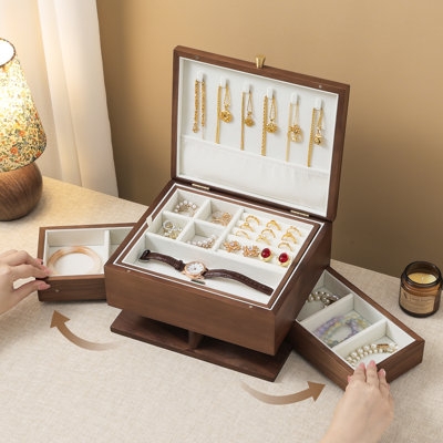 Jewelry Box Rotating Drawers Walnut Wood Flip Top Lid Organizer