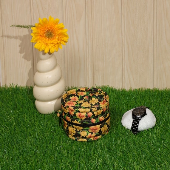 Jewelry Box: Round Floral Quilted Travel Case, Bright Yellow, Zipper Closure