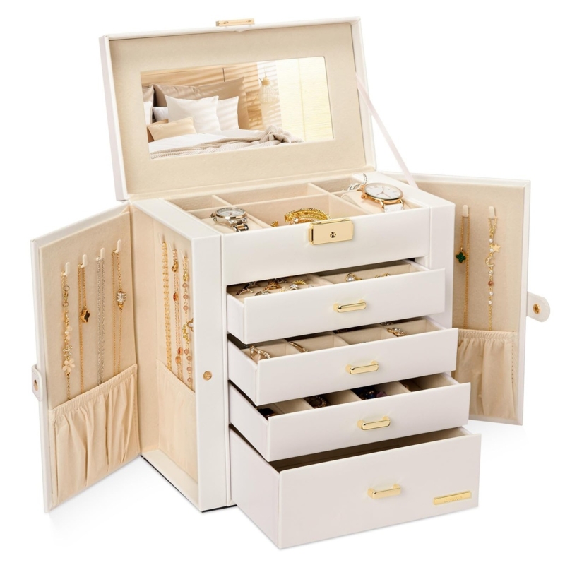 Jewelry Box Side Wings Four Tier Storage White Mirrored Chest