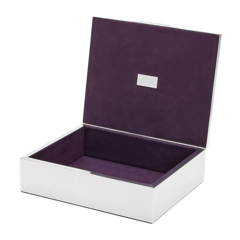 Jewelry Box Silver Perforated Exterior with Elegant Plum Interior Lining