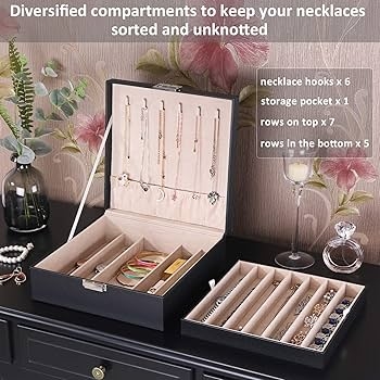Jewelry Box Storage Pocket Black Faux Leather Removable Tray Modern