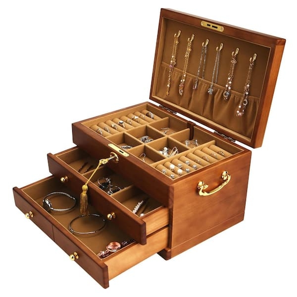 Jewelry Box Tassel Key Lock Three Tier Traditional Antique Style Chest