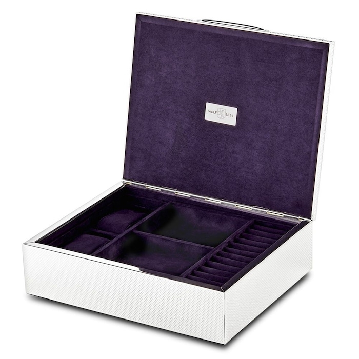 Jewelry Box Textured Silver with Rich Purple Velvet Lining and Dividers