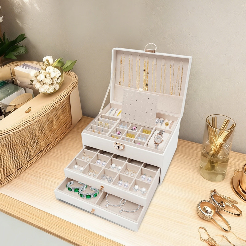 Jewelry Box Three Layer White Leather Like Pull Out Drawers Gold Accent