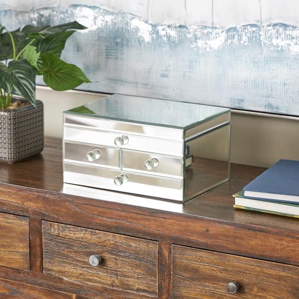 Jewelry Box Tiered Silver Chest with Faceted Knobs on Dresser