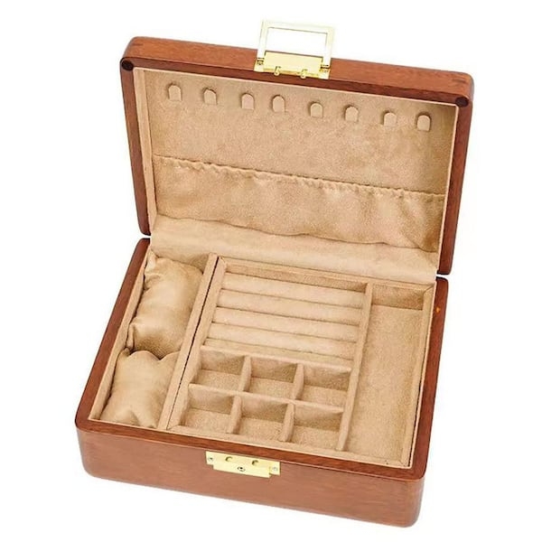 Jewelry Box Two Layer Wood Toned Tan Velvet Lining Keyed Lock
